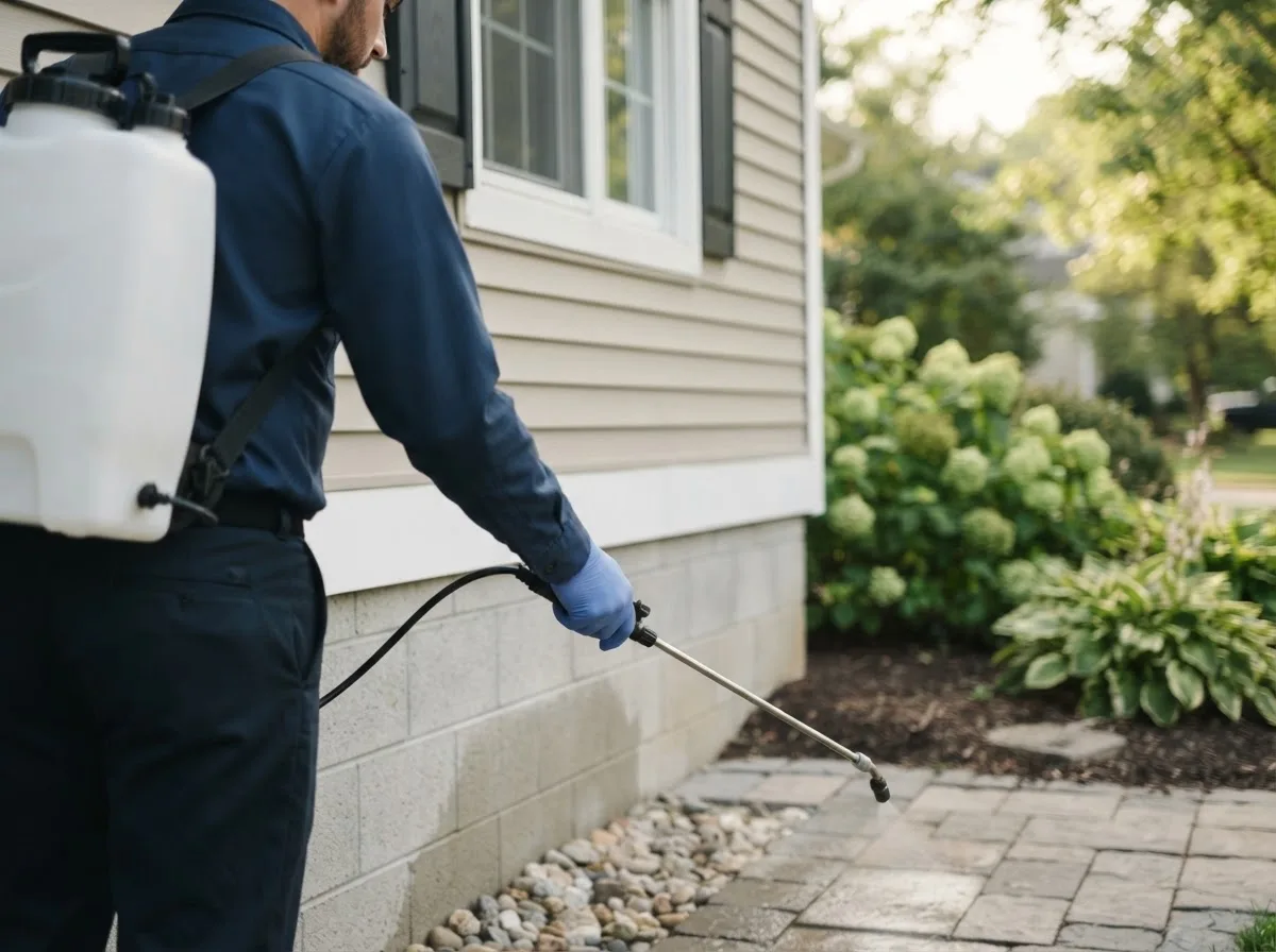 Pest control technician inspecting a home in Lerna, IL